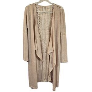 M Andree by Unit Oatmeal Cream Tan Open Front Long Cardigan Duster M Floral Lace